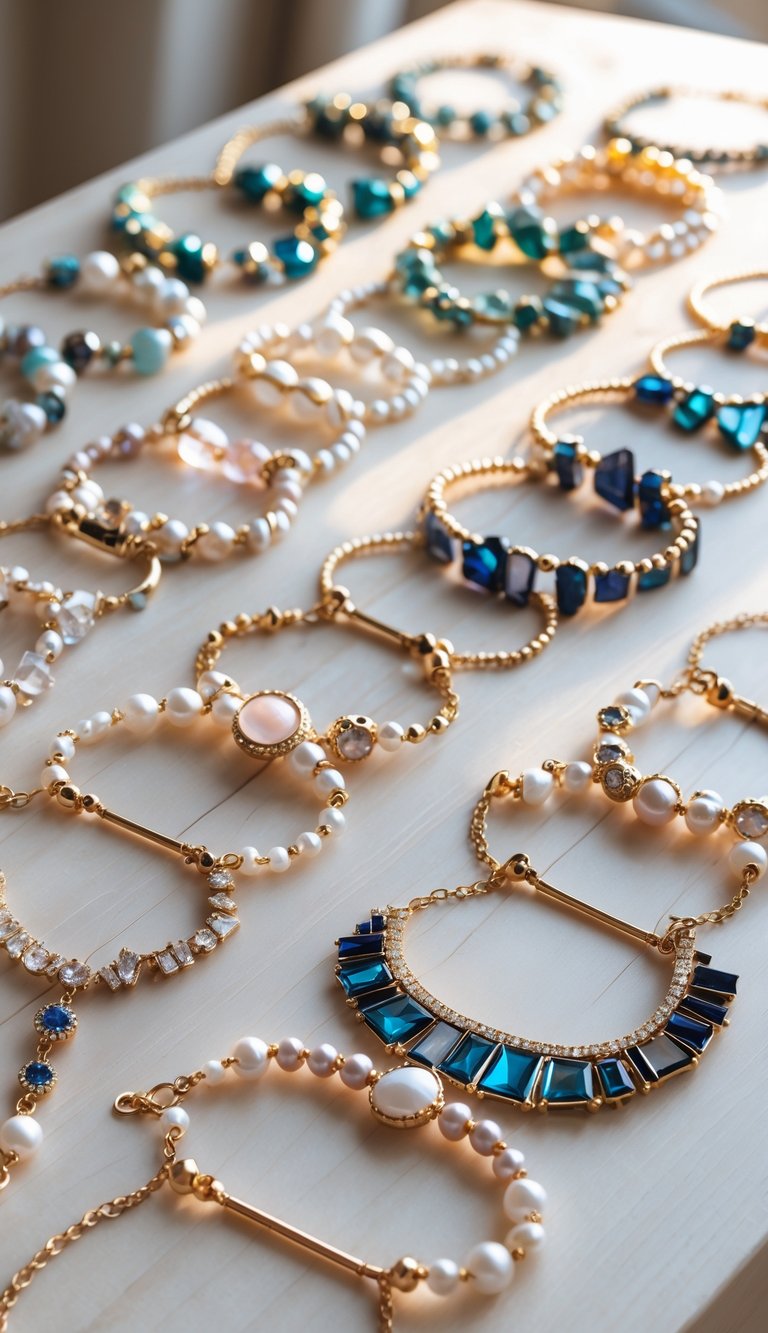 A collection of 21 uniquely designed choker necklaces made from broken jewelry pieces displayed on a wooden surface.